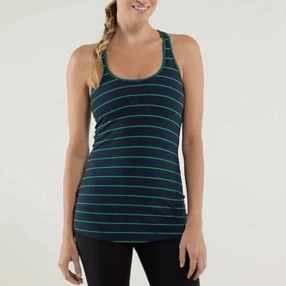 Lululemon Cool Racerback Tank Top Navy Green Striped size 2 approx - Picture 1 of 6